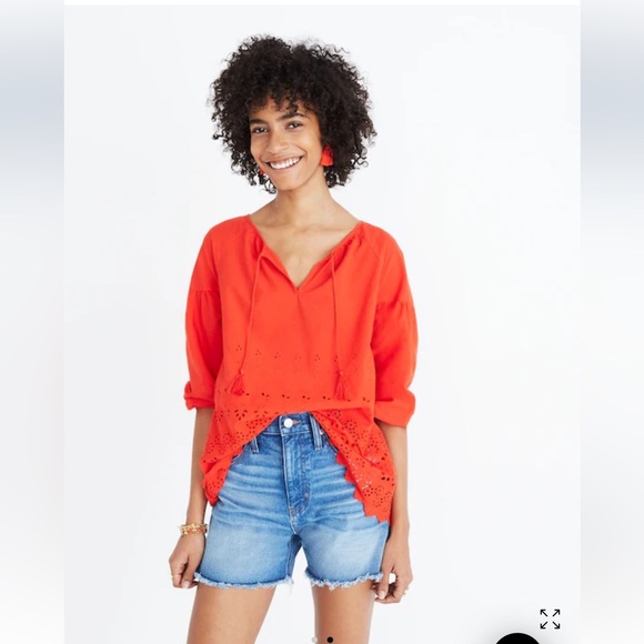 Madewell Bright Red Eyelet Lattice Cotton top size small - Picture 1 of 16